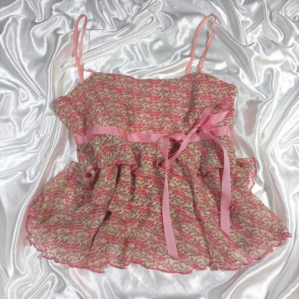 y2k Cami Top Pink Excellent Floral Ruffle Tiered Ribbon Babydoll Reference